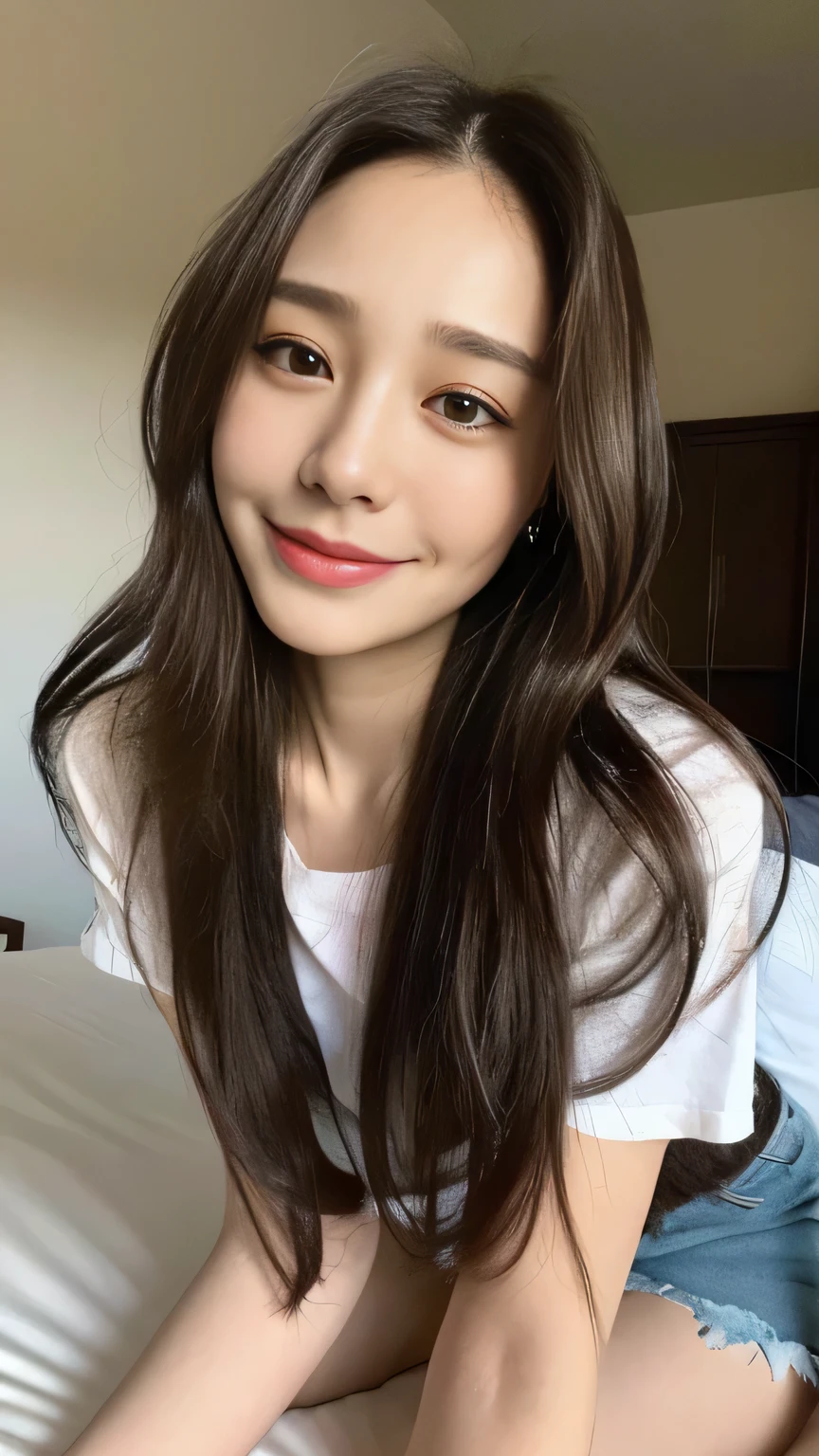 seed:2020674263.((Full body angle:1.1)).((Highest quality, 8K, masterpiece:1.3)), ((from below:1.1)).concentrated:1.2, Perfect body beauty:1.4, Hips:1.2, ((Delicate Hair)), (Colorful T-shirts、Shorts、pajamas :1.1) , ((Highest quality、、masterpiece:1.3))、1girl、A sloppy smile、Esbian all over、Slim face、Big Boobs、Beautiful woman、(Dark Brown Hair)、Long Hair、1、Flickering Valley、Detailed eyes、double eyelid、Blurred Background、超Slim face、Smile、Looking down、Bedroom、