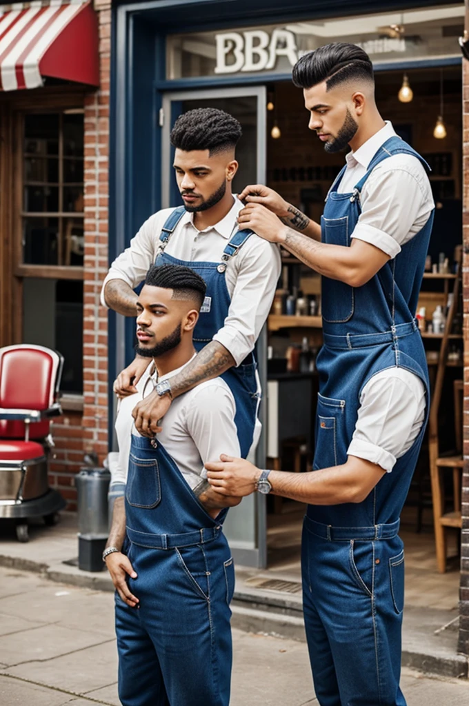 Create two barbers, with overalls and a barber shop in the background.