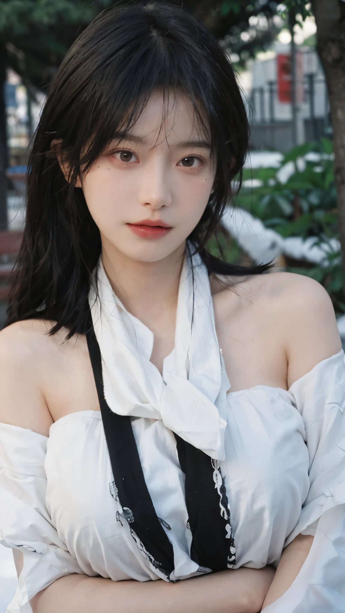 Portrait photography,1 girl,snow,Snow Scene,Heavy makeup,Bare shoulders,Lipstick,(Big breasts:1.4),Shoulder-Length Wavy Hair,Wear a necklace,scarf,Earring short sleeves,serene,calm,(Realistic and detailed eyes,Natural skin texture,Realistic facial details),whole body:1.4,