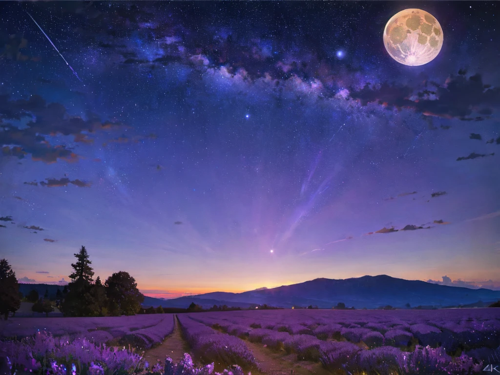 a beautiful starry night sky with a giant full moon, land and sky meeting at the horizon, gloomy atmosphere, night sky, lavender field, purple and blue color tones, realistic, photorealistic, detailed, highly detailed, cinematic, dramatic lighting, epic, majestic, awe-inspiring, mystical, ethereal, (best quality,4k,8k,highres,masterpiece:1.2),ultra-detailed,(realistic,photorealistic,photo-realistic:1.37)