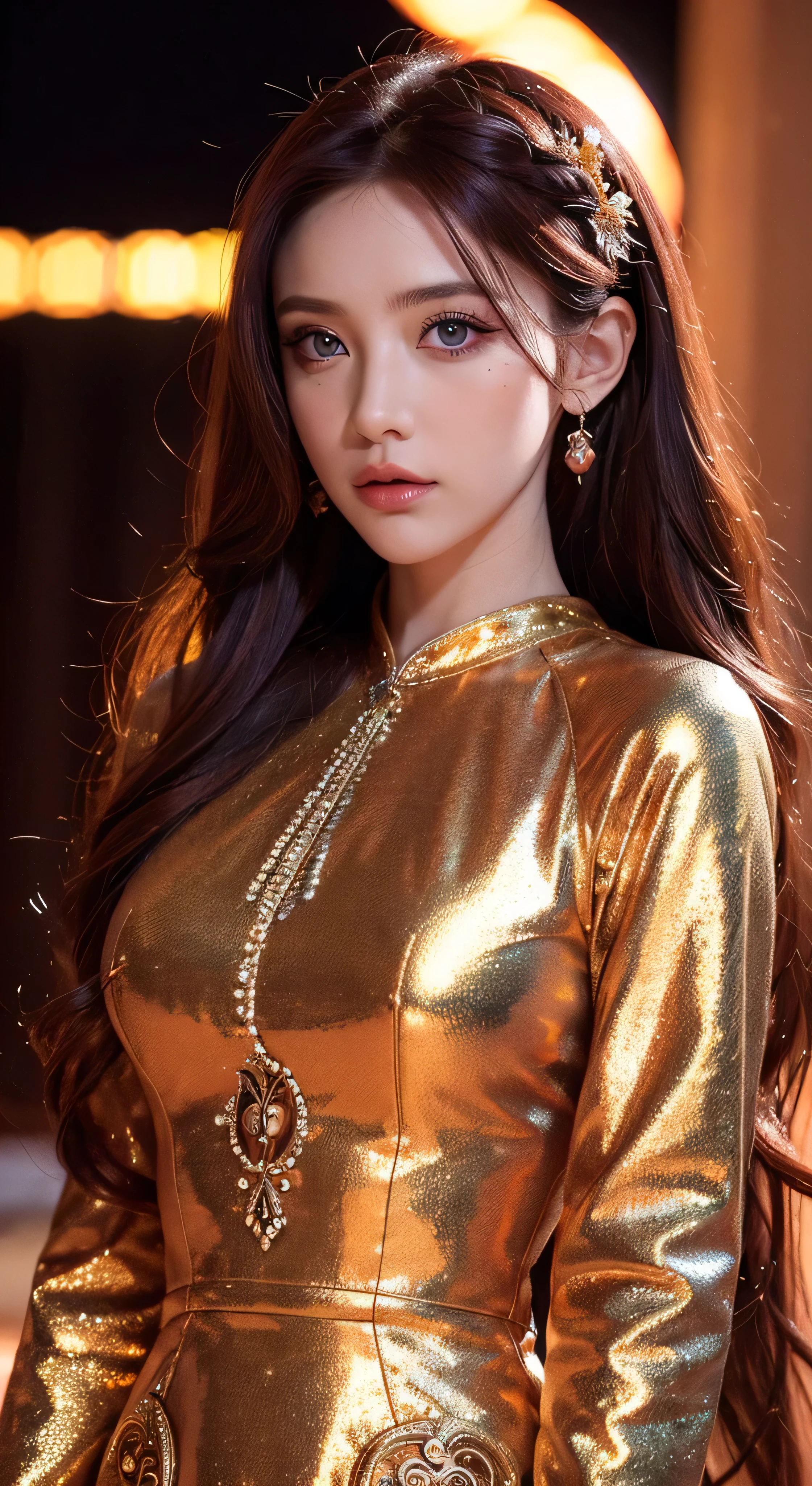 (absurdres, highres, ultra detailed), 1girl, zodiac sign - Aries goddess , solo, mature, Baroque, long dress, long sleeve, elegant, colorful, highest detailed, upper body , sunset hair . Fire eyes . Brave, willful, productive, enterprising humanitarian face .