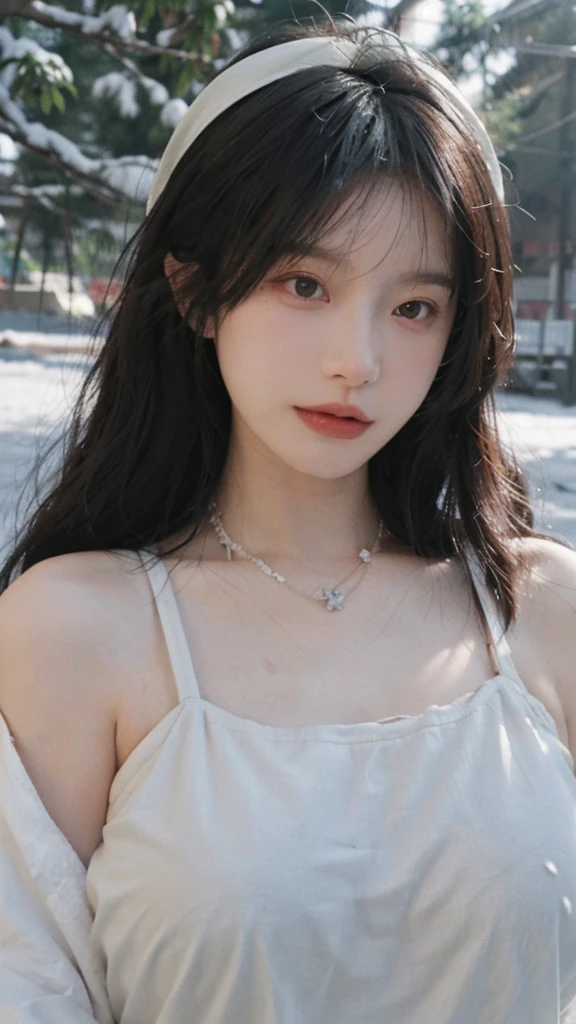 Portrait photography,1 girl,Snow Scene,Snowing background,Flowers,White JK,Bare shoulders,whole body:1.4,Lipstick,(Big Breasts:1.6),Shoulder-Length Wavy Hair,Wear a necklace,Headband,serene,calm,(Realistic and detailed eyes,Natural skin texture,Realistic facial details),