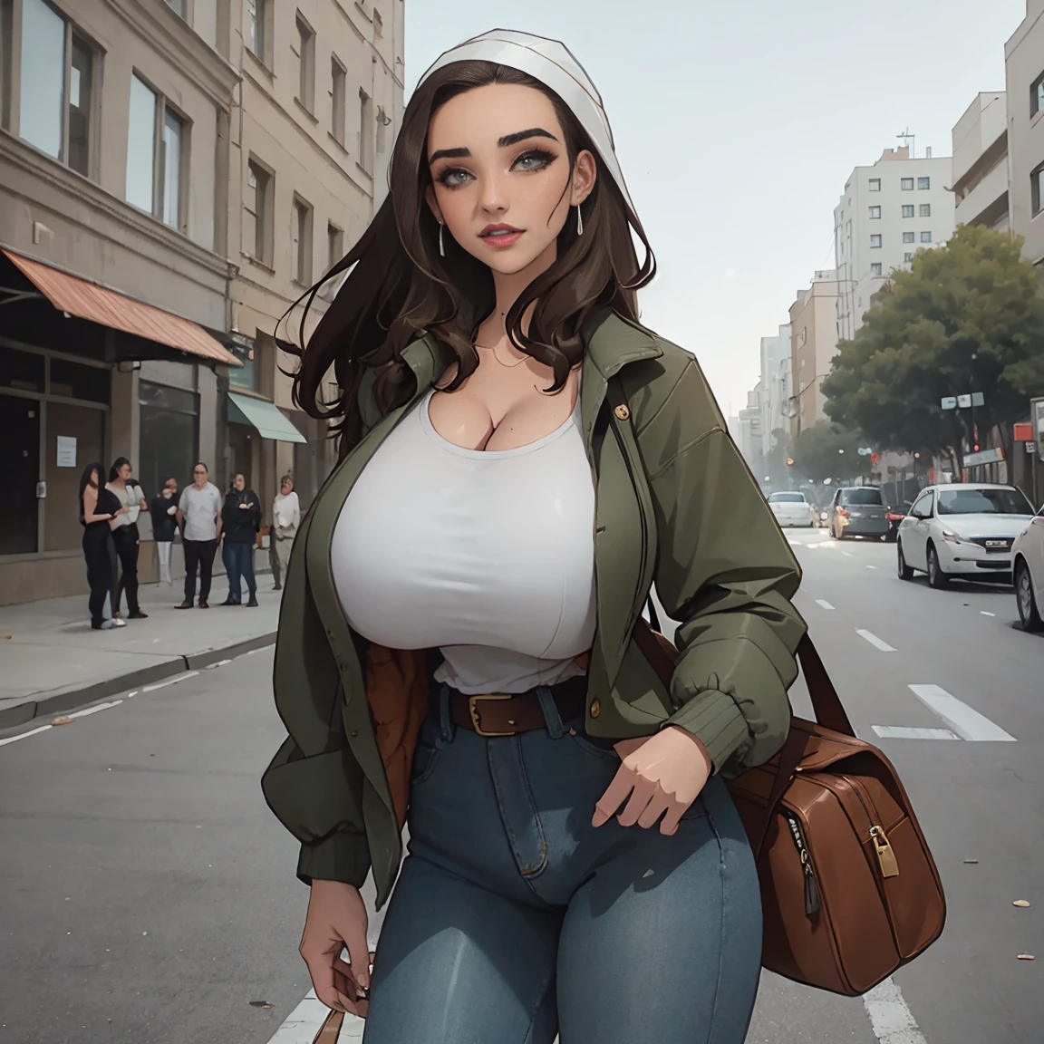 Extremely busty thin and toned brunette photographer, college girl, fair skin, loose side sweep, soft face, athletic, bandana babushka headwrap, tight olive green casual windbreaker, skinny jeans. standing in front of her apartment building, outdoors, city, camera bag, cleavage