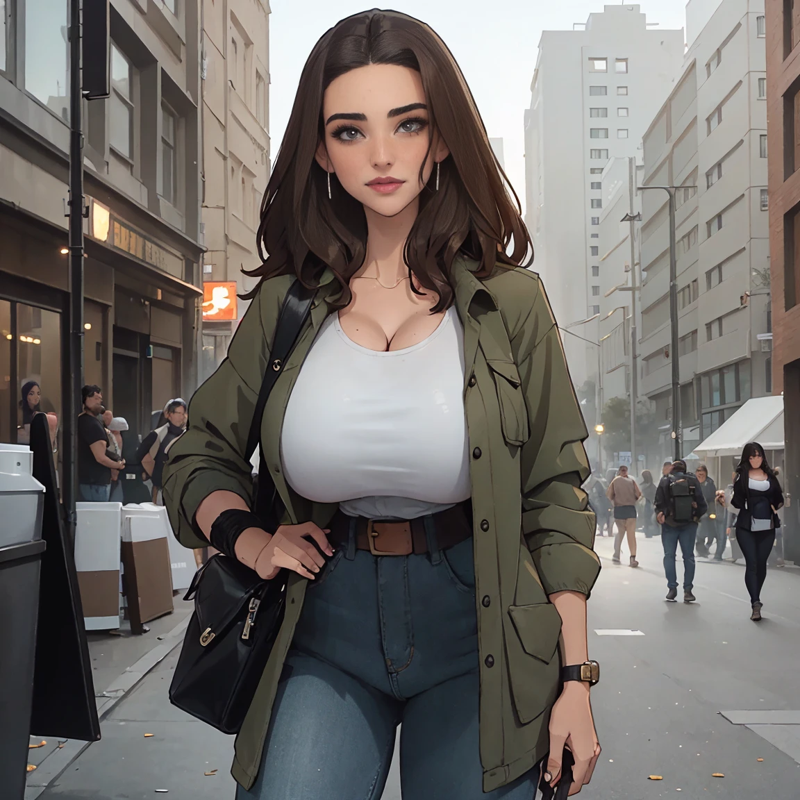 Extremely busty thin and toned brunette photographer, college girl, fair skin, loose side sweep, soft face, athletic, bandana babushka headwrap, tight olive green casual windbreaker, skinny jeans. standing in front of her apartment building, outdoors, city, camera bag, cleavage
