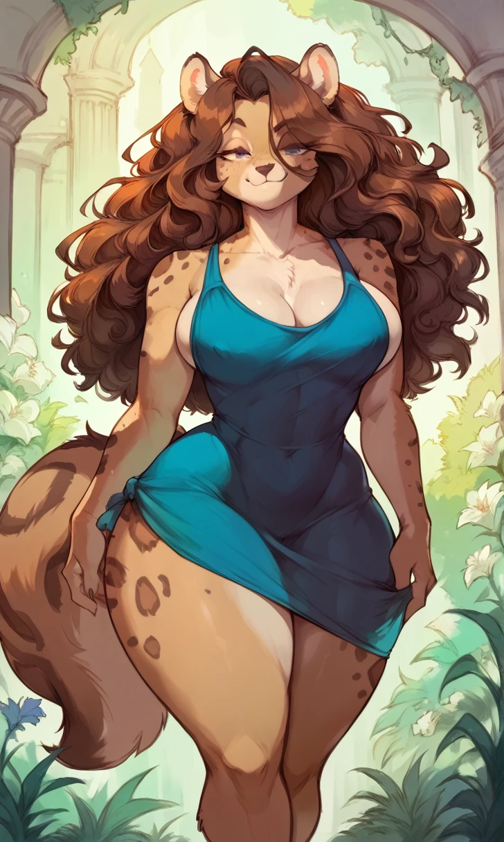 female anthro Snow leopard,Brown long fluffy hair, fluffy hair, squirrel ears, hyena, big breasts, attractive, summer dress, thicc body, thicc body, thicc, freckles, freckles on face, neutral expression, smug eyes, she is standing (thick thighs:1.5)