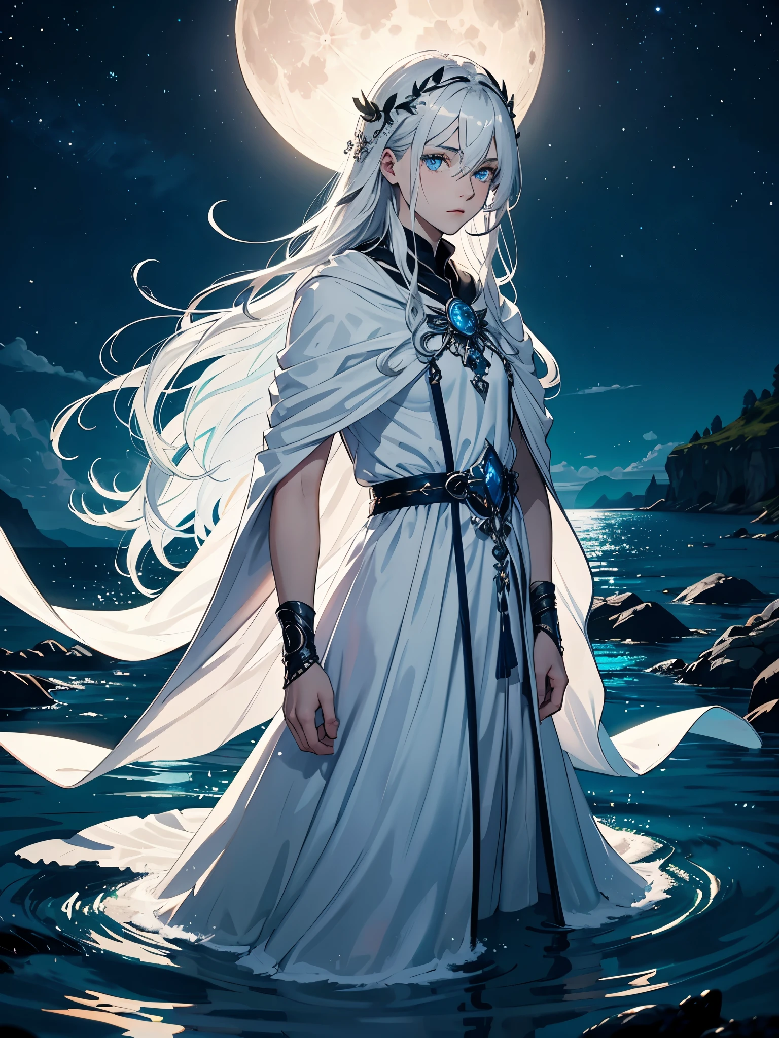 Weiblicher. Hellblaues Licht und hellblaue Blumen. Long hair. long white hair. aquatic, boy, Goddess of the Moon, silver hair accessories, White hair, White dress, cape, at night, saturated colors, light eyes, bright, light blue light, blue eyes