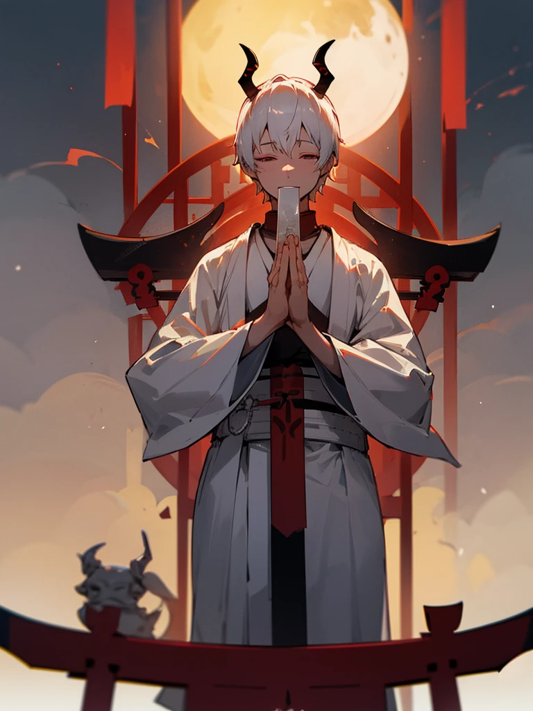 Buddha, horns, white short hair, black armor, torii gate, man, full moon, hands together in prayer, evil eye