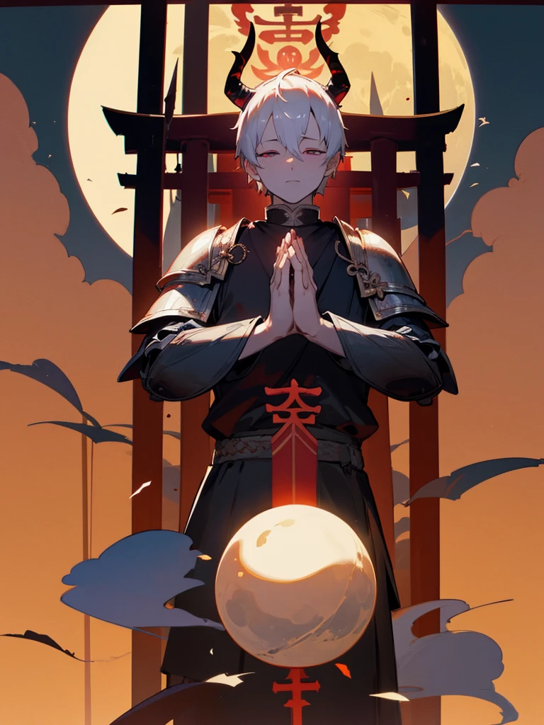 Buddha, horns, white short hair, black armor, torii gate, man, full moon, hands together in prayer, evil eye