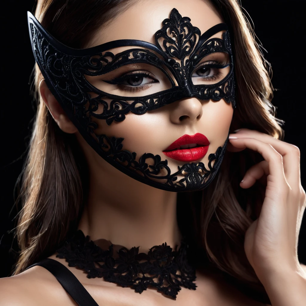 woman with a sensual mask, fashion sexy, black background, 8K