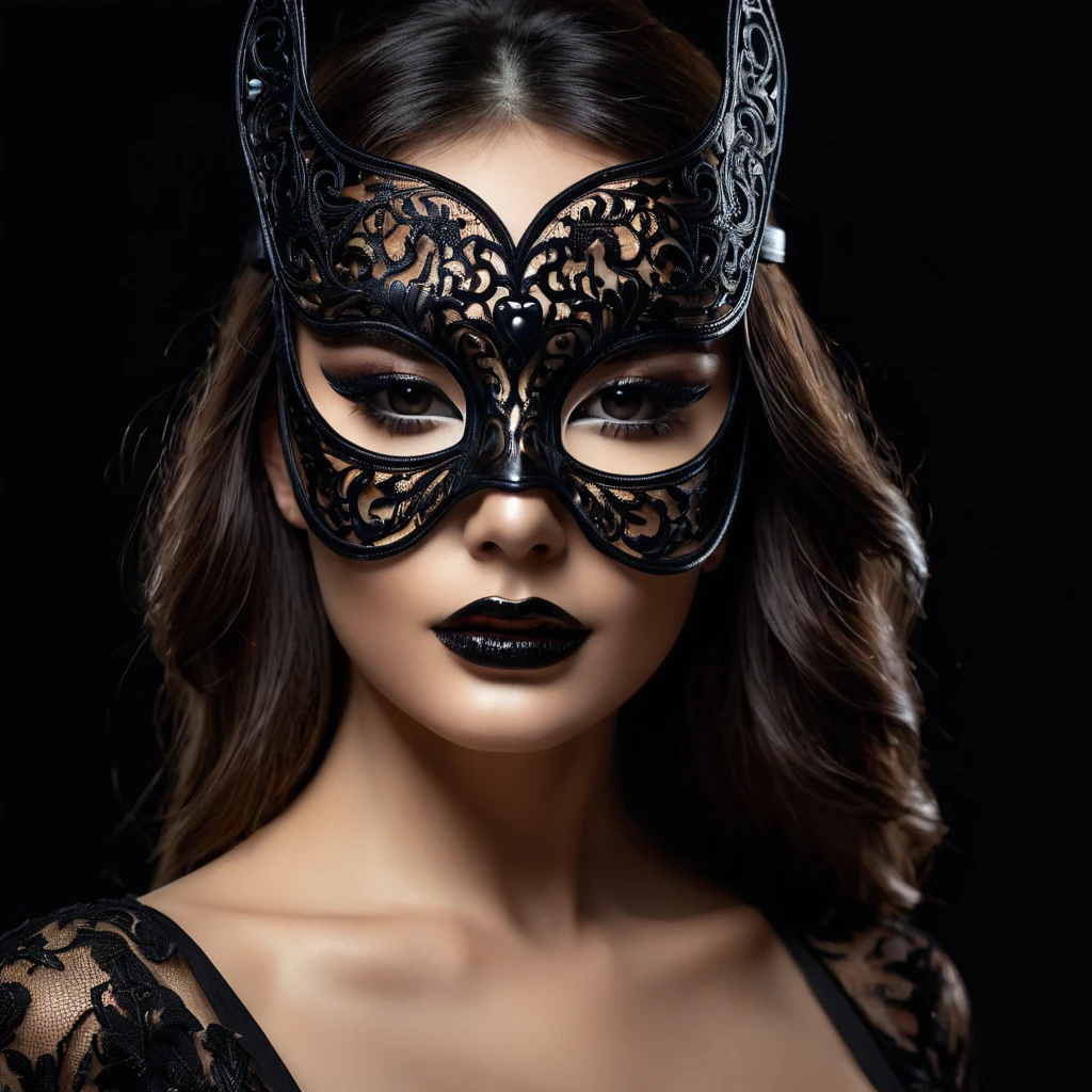 woman with a sensual mask, fashion sexy, black background, 8K