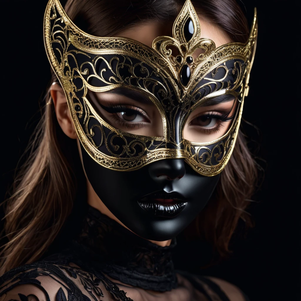 woman with a sensual mask, fashion sexy, black background, 8K
