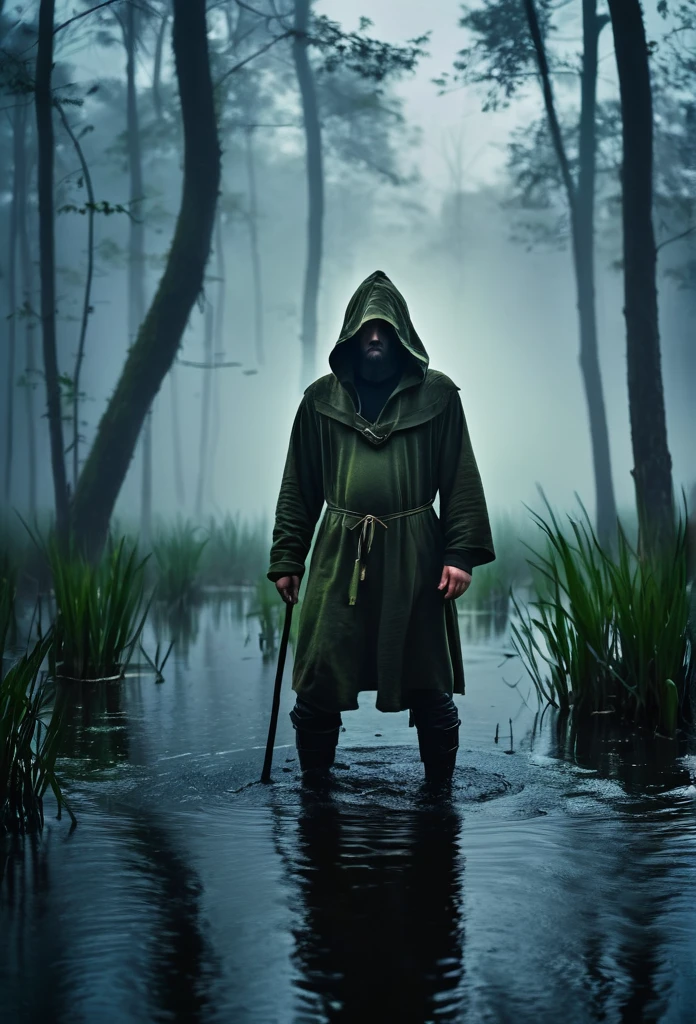 Warrior man in hood in the middle of the dark swamp and dense fog on alert 