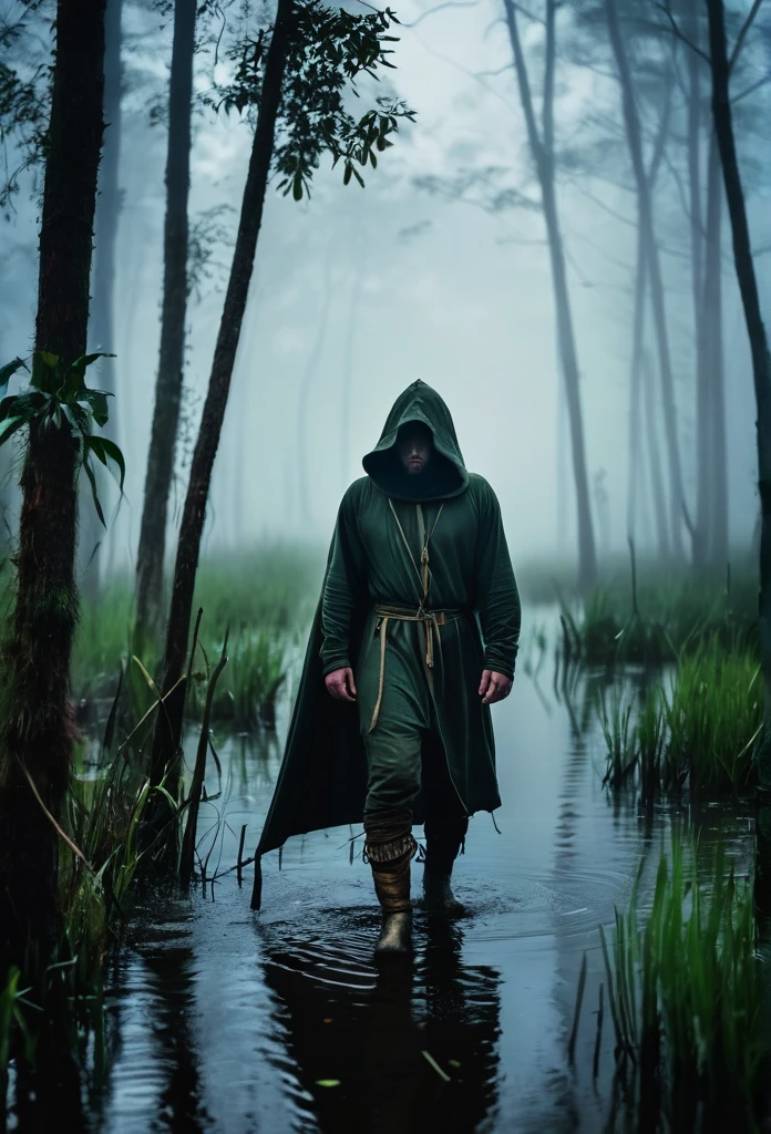 Warrior man in hood in the middle of the dark swamp and dense fog on alert