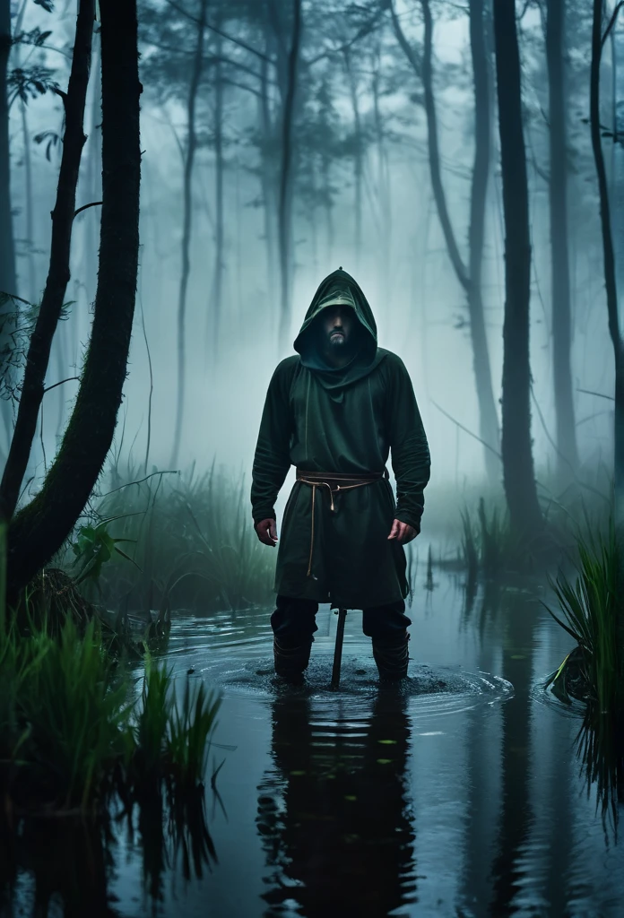Warrior man in hood in the middle of the dark swamp and dense fog on alert
