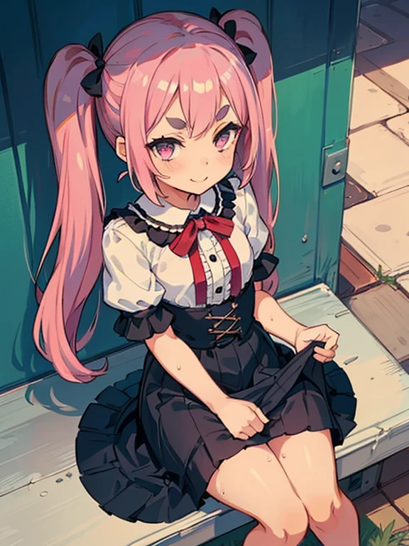 Girl with pink hair, long twintail hairstyle, ((small bushy eyebrows)), wearing gothic lolita clothing, lolicon , walking to school, flirty smile,, bored look, bored face,, (sitting with legs open lifting her skirt to show her vagina wet with semen) , male pov, looking from above view