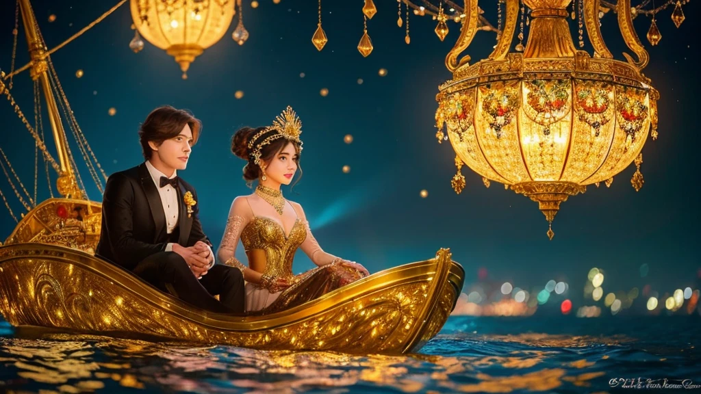 Fantasy art creation: an image of two hyperrealistic anthropomorphic otters, sparkly amber eyes, dressed in elegant wedding attire, facing each other, sitting in an ornate half-shell boat floating on water, a half shell gold and glass intrictae fan behind them positioned upright, Their boat also made of glass and very intricate gold filigree detail. romantic feel. night lights. moonlit. colorful. bkg heart-shaped fresh strawberries hang from trees. whimsical. bright image