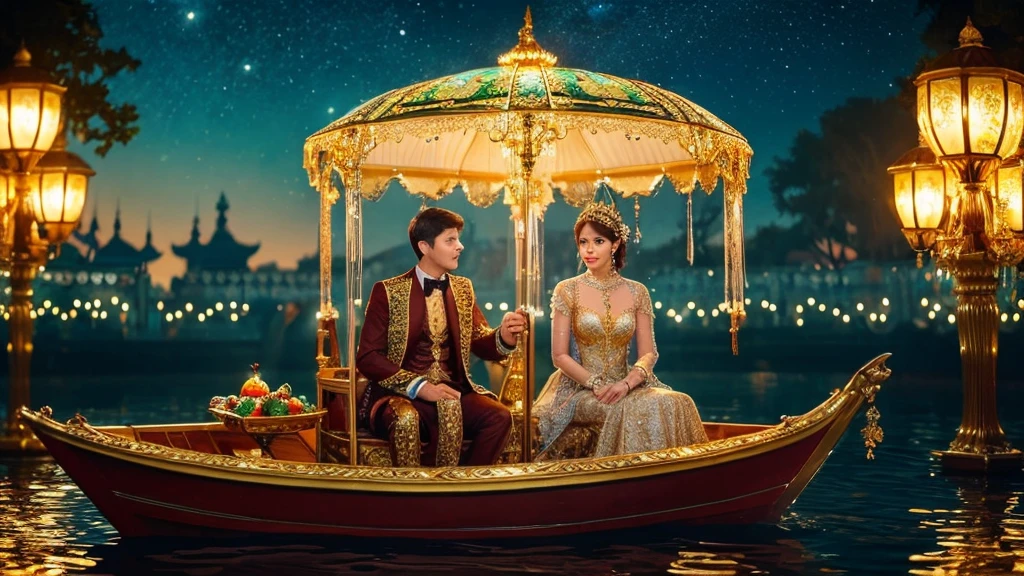 Fantasy art creation: an image of two hyperrealistic anthropomorphic otters, sparkly amber eyes, dressed in elegant wedding attire, facing each other, sitting in an ornate half-shell boat floating on water, a half shell gold and glass intrictae fan behind them positioned upright, Their boat also made of glass and very intricate gold filigree detail. romantic feel. night lights. moonlit. colorful. bkg heart-shaped fresh strawberries hang from trees. whimsical. bright image