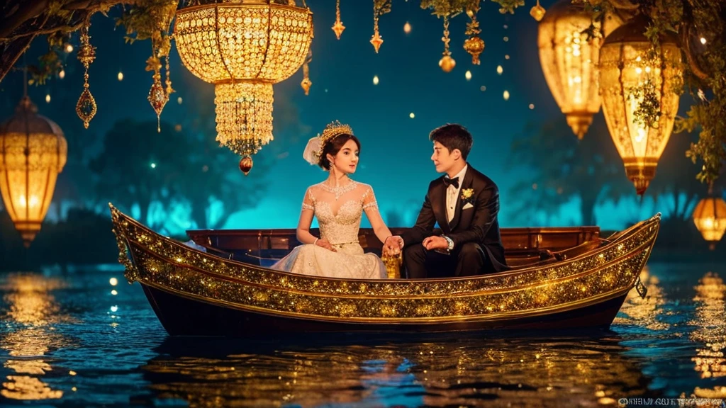 Fantasy art creation: an image of two hyperrealistic anthropomorphic otters, sparkly amber eyes, dressed in elegant wedding attire, facing each other, sitting in an ornate half-shell boat floating on water, a half shell gold and glass intrictae fan behind them positioned upright, Their boat also made of glass and very intricate gold filigree detail. romantic feel. night lights. moonlit. colorful. bkg heart-shaped fresh strawberries hang from trees. whimsical. bright image