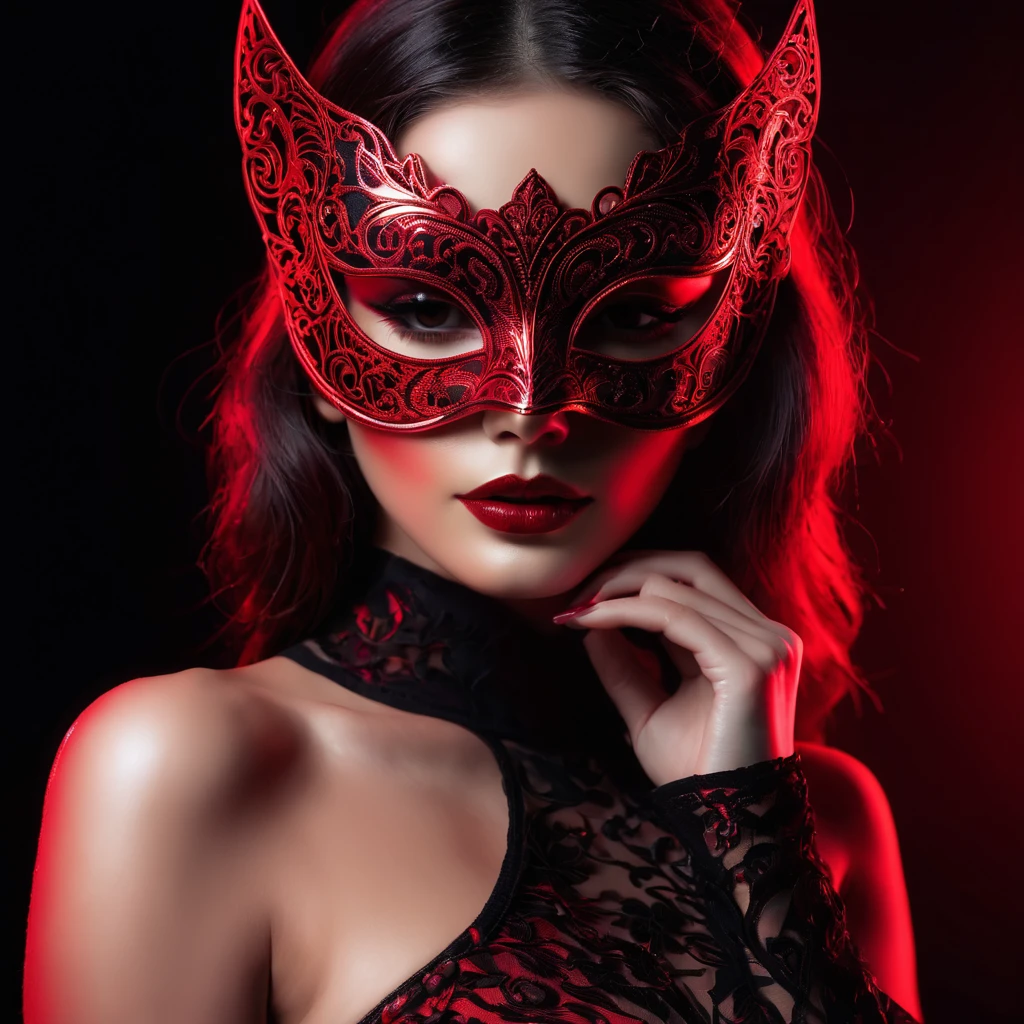 woman with a sensual mask, fashion sexy, black background, 8K, red light