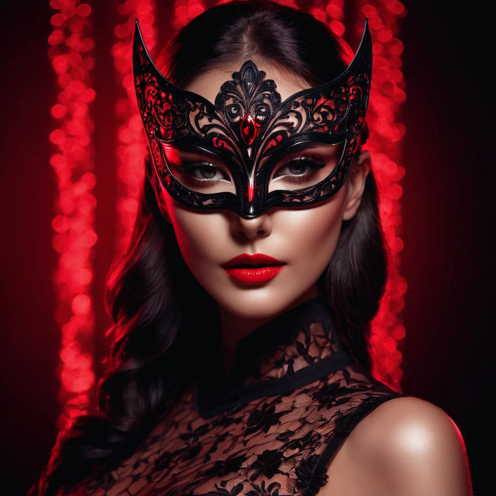 woman with a sensual mask, fashion sexy, black background, 8K, red light