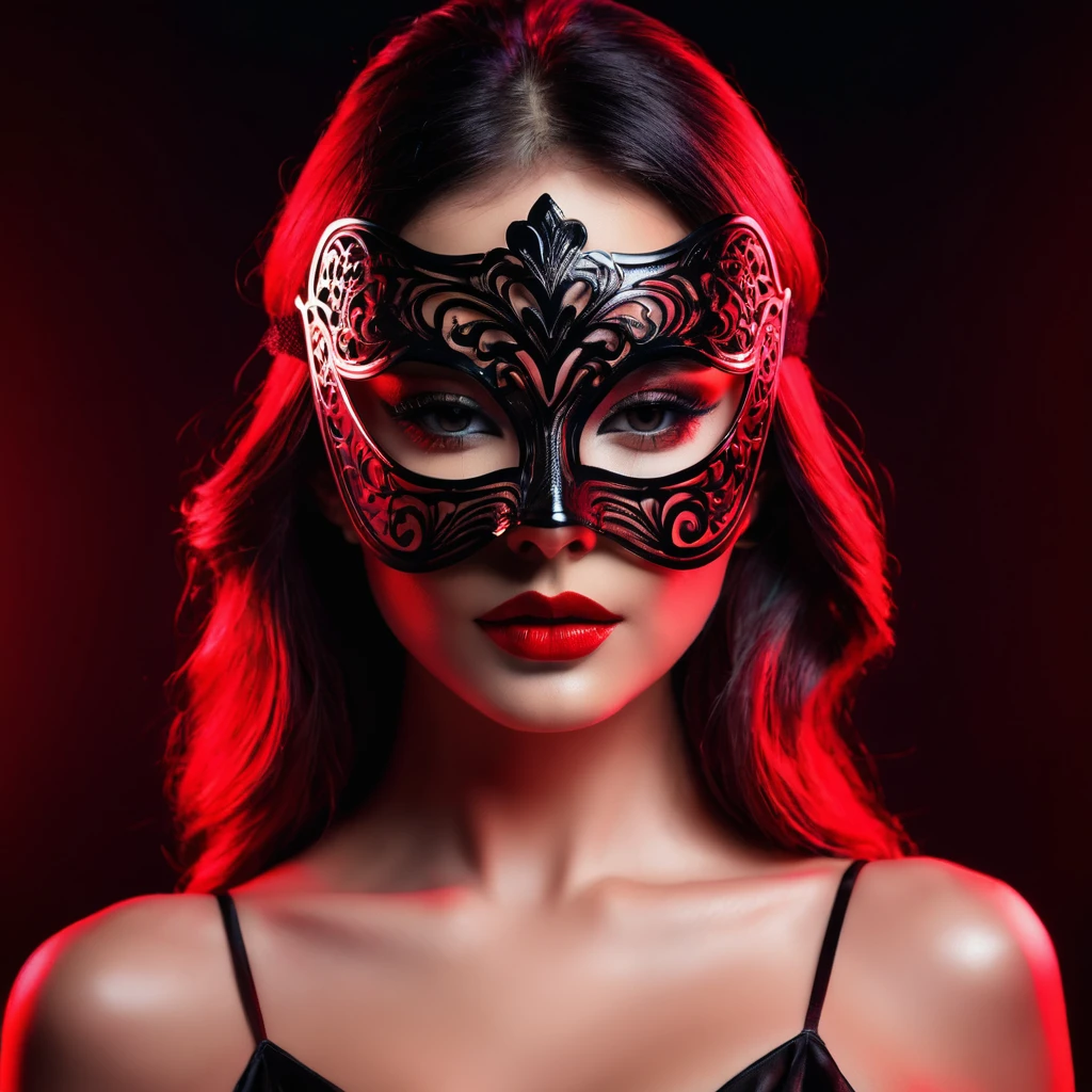 woman with a sensual mask, fashion sexy, black background, 8K, red light