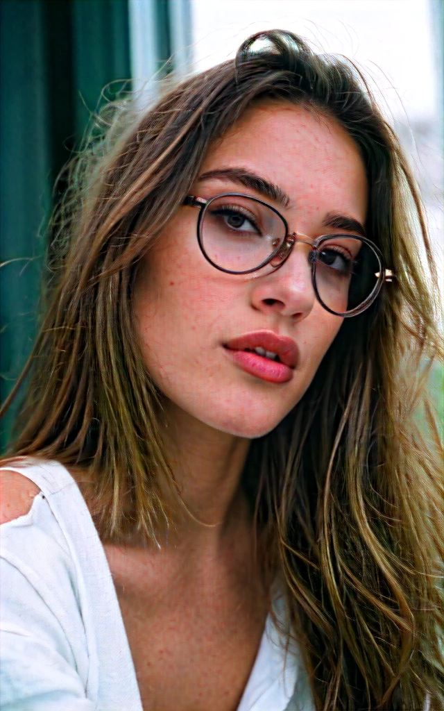 a beautiful 23-year-old woman, light brunette, close-up, girl next door, baggy clothes, makeup, lips, glasses, night, messy hair, film grain, retro, Porta 160 color, shot on ARRI ALEXA 65, sharp focus on subject, Fujifilm XT-3
