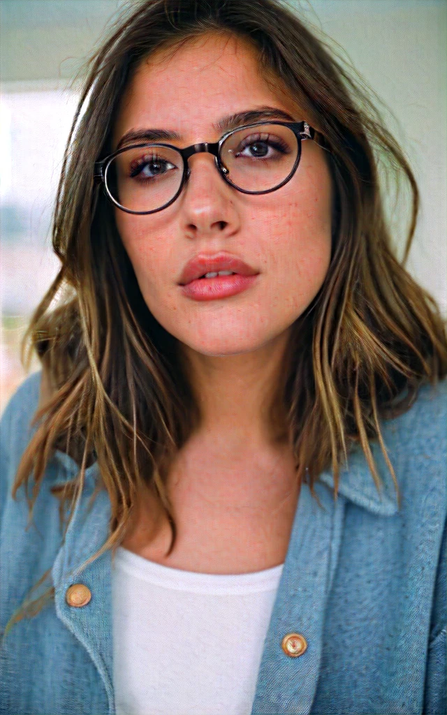 a beautiful 23-year-old woman, light brunette, close-up, girl next door, baggy clothes, makeup, lips, glasses, night, messy hair, film grain, retro, Porta 160 color, shot on ARRI ALEXA 65, sharp focus on subject, Fujifilm XT-3