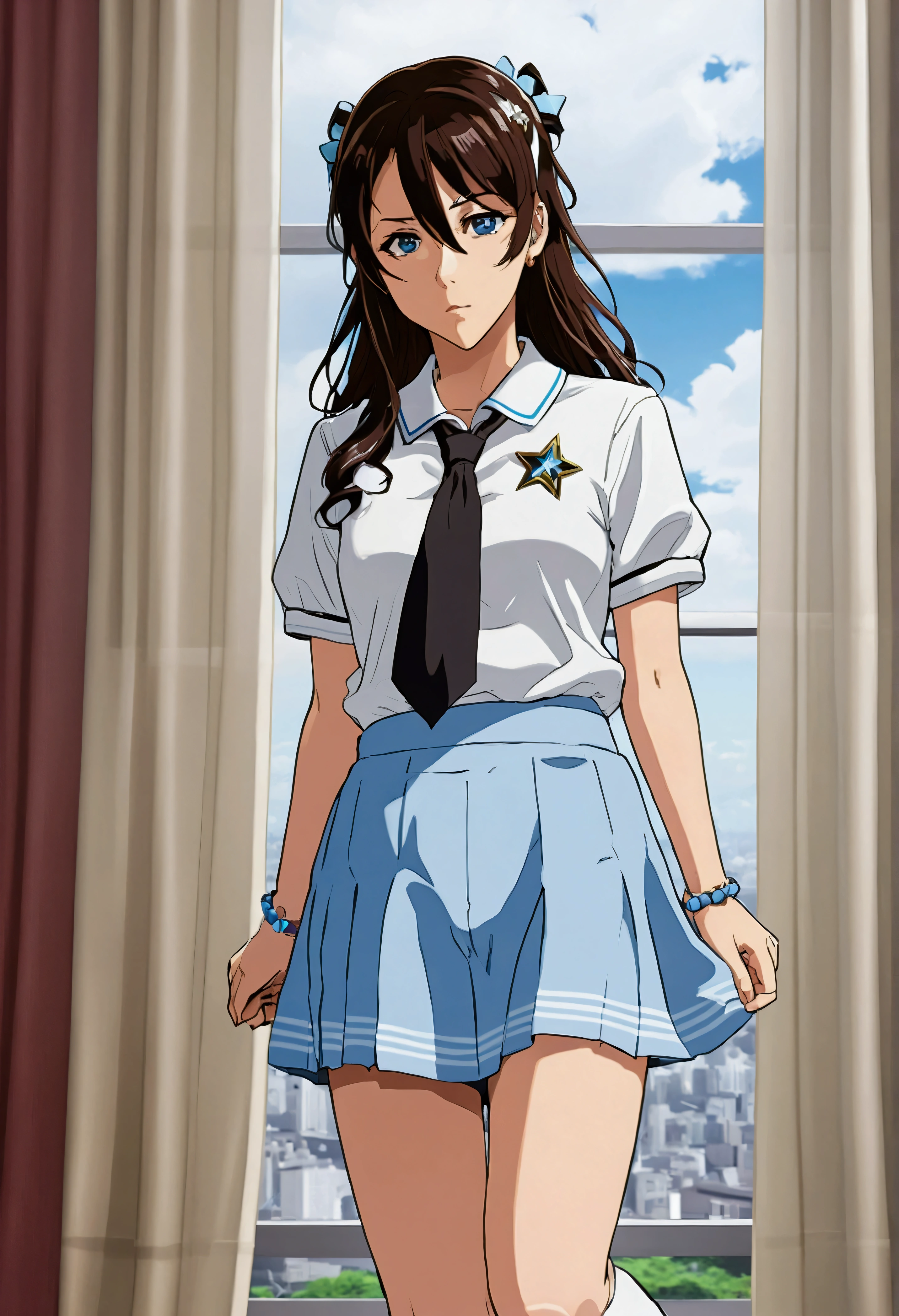 Yuki Matsuno. a girl with teats from the anime Tokyo revengers ,she is a girl,with very dark brown hair,wavy,far away,curtain,eyes browns ,wear a white formal t-shirt, a light blue skirt, black al star sneakers,white leg warmers,She wears star barrettes in her hair,bead bracelets,coloured,some silver necklaces and silver earrings.