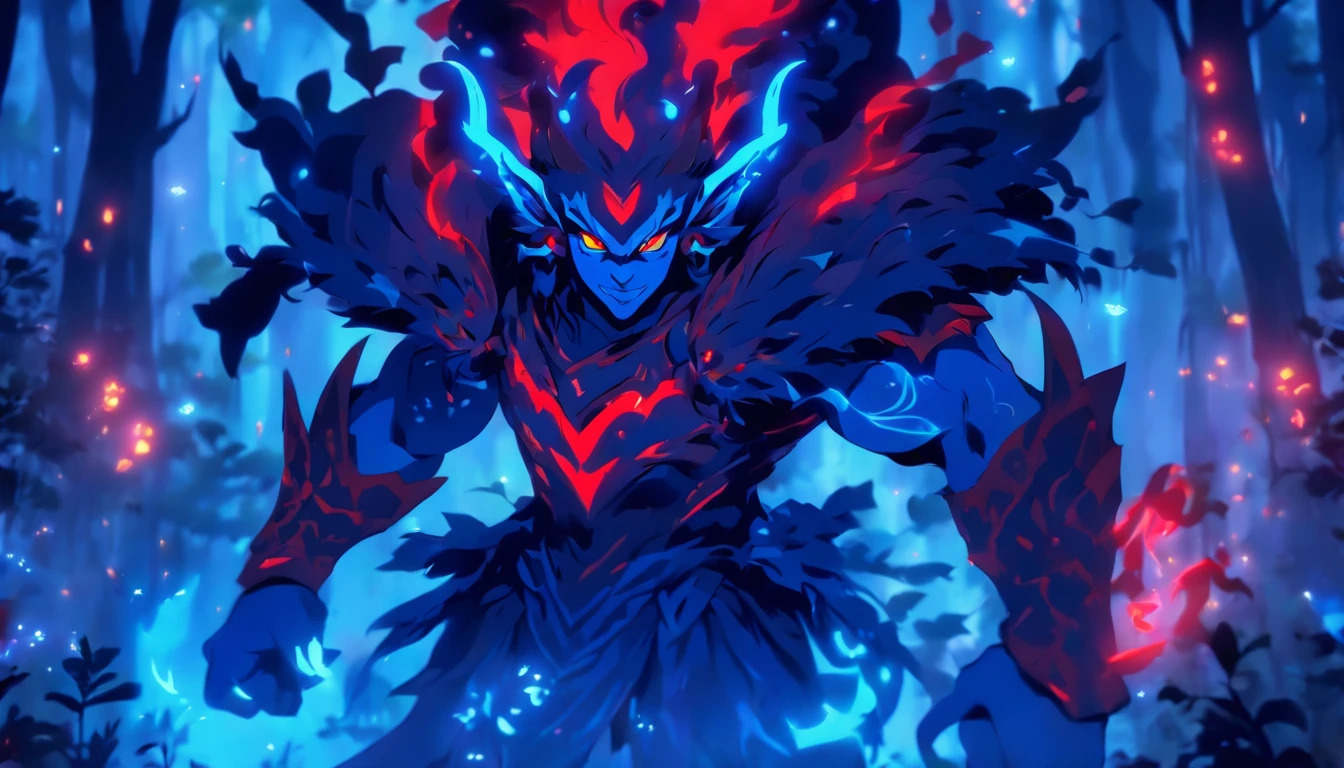 Ancient anime style, artbook, comicbook, RPG, futuristic medieval.  A fairy demon elf wizard, wearing blue medieval magic armor with glowing magic markings, dynamic pose, full body, red human face with glowing blue magic tribal tattoos, blooming blue hair, demon and fairy features, red horn with glowing blue magic markings , red demon tail, red fairy wing with blue glowing magic marks, matte red magic stone skin with glowing carved marks, glowing eyes, wearing a red demon horn magic dagger with blue glowing magic marks.  In a magical forest, with magical flourishing vegetation.  Wide scenery, with two vanishing points, cinematic scene with several layers of depth, dynamics, magical lighting.