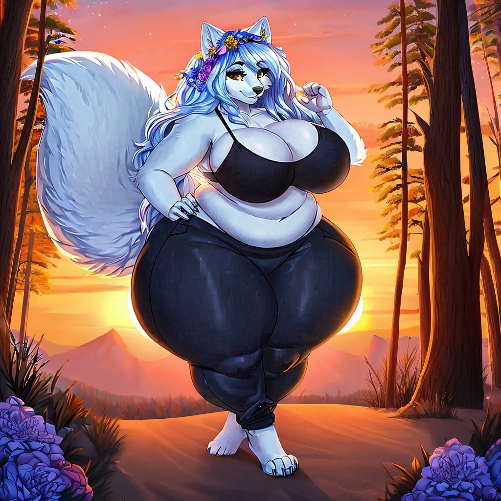 Arctic wolf, female, long messy hair, huge breasts, huge hips, huge thighs, plump, voluptuous, fat legs ,bikini, sunset, boreal forest, gorgeous, beautiful, eyelashes, black crop top, black sweatpants, huge thighs , ch, flower crown,big fluffy tail
