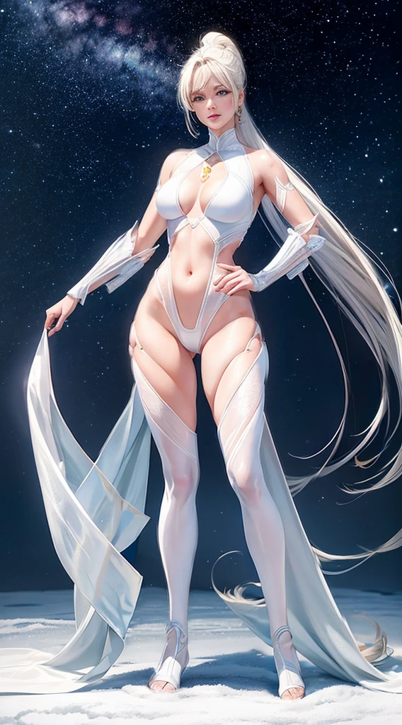 ((Full-length photo, standing, feet on the ground)) full-body shot,masterpiece,Extreme,Beautiful girl with fair skin,With a high ponytail,,Cold eyes,Wearing a transparent white shaping future technology armor,Expose the crotch,Expose the navel and lower abdomen,Standing in the starry sky,Showing off underwear and proud body