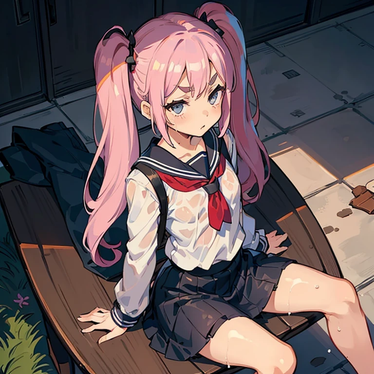 Girl with pink hair, long twintail hairstyle, ((small bushy eyebrows)), wearing gothic lolita clothing, lolicon , walking to school, flirty smile,, bored look, bored face,, (sitting with legs open lifting her skirt to show her vagina wet with semen) , male pov, looking from above view