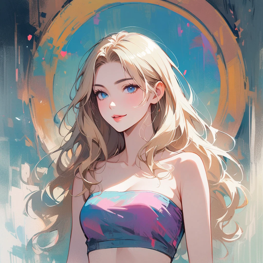 girl, light blonde hair, pale blue eyes, rosy cheeks, Lipgloss, Alone, smiling, ethereal, bold, fresco, ATTITUDE, bright, Pink strapless crop top 