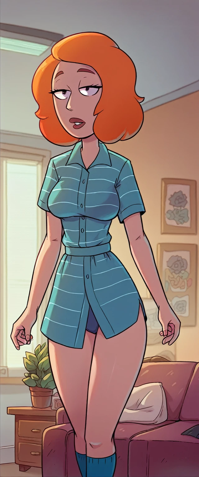 a  girl sexy attractive big breast beautiful cool popular short orange hair disheveled cut light red lip wears long light blue button shirt sensual curves and a short purple miniskirt pair short blue socks legs white heel she walking living room class