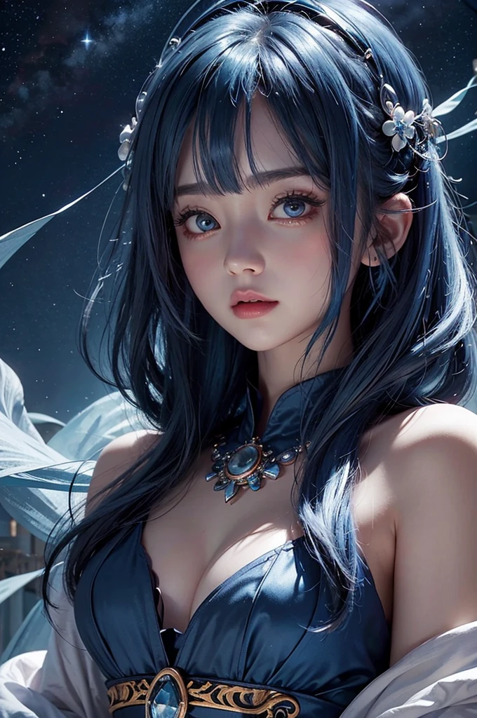 Ultra HD、A beautiful blue-haired character、Cute big eyes、close、Red burning cheeks、Night scene with starry sky background、fortune teller、Blue Crystal、Wearing a gorgeous dress、Subtle details、A fantastic atmosphere、Anime style