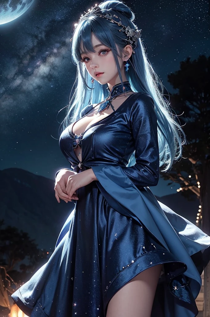 Ultra HD、A beautiful blue-haired character、Cute big eyes、close、Red burning cheeks、Night scene with starry sky background、fortune teller、Blue Crystal、Wearing a gorgeous dress、Subtle details、A fantastic atmosphere、Anime style