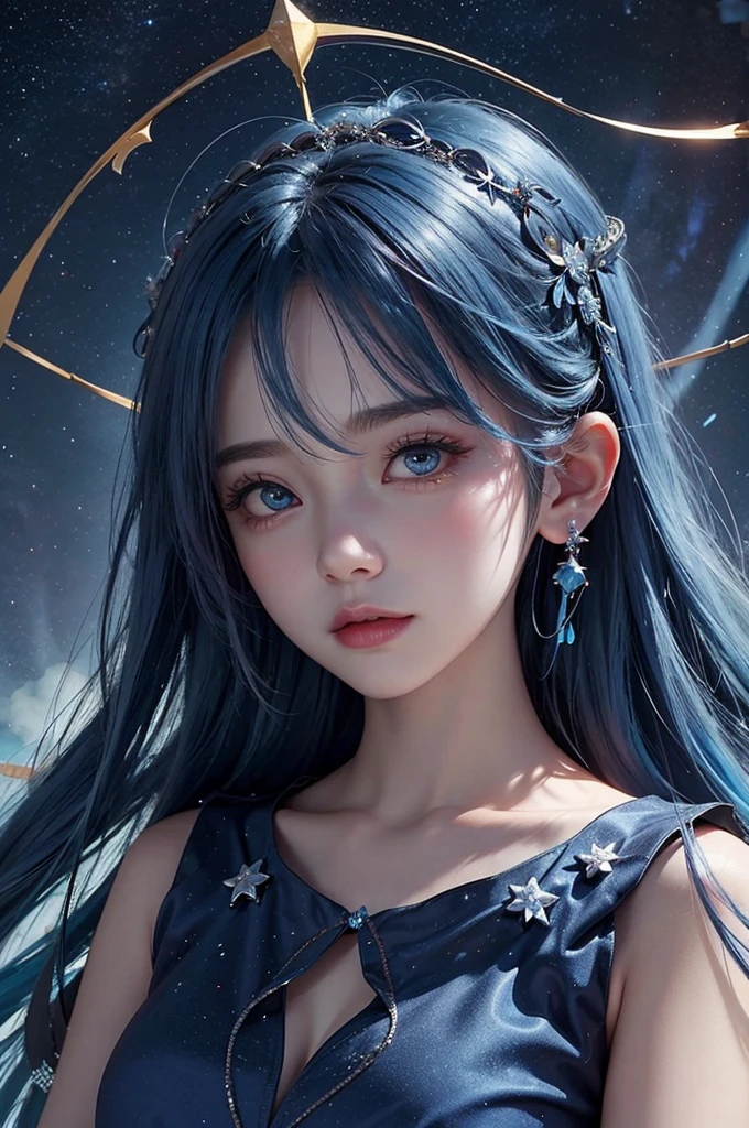Ultra HD、A beautiful blue-haired character、Cute big eyes、close、Red burning cheeks、Night scene with starry sky background、fortune teller、Blue Crystal、Wearing a gorgeous dress、Subtle details、A fantastic atmosphere、Anime style