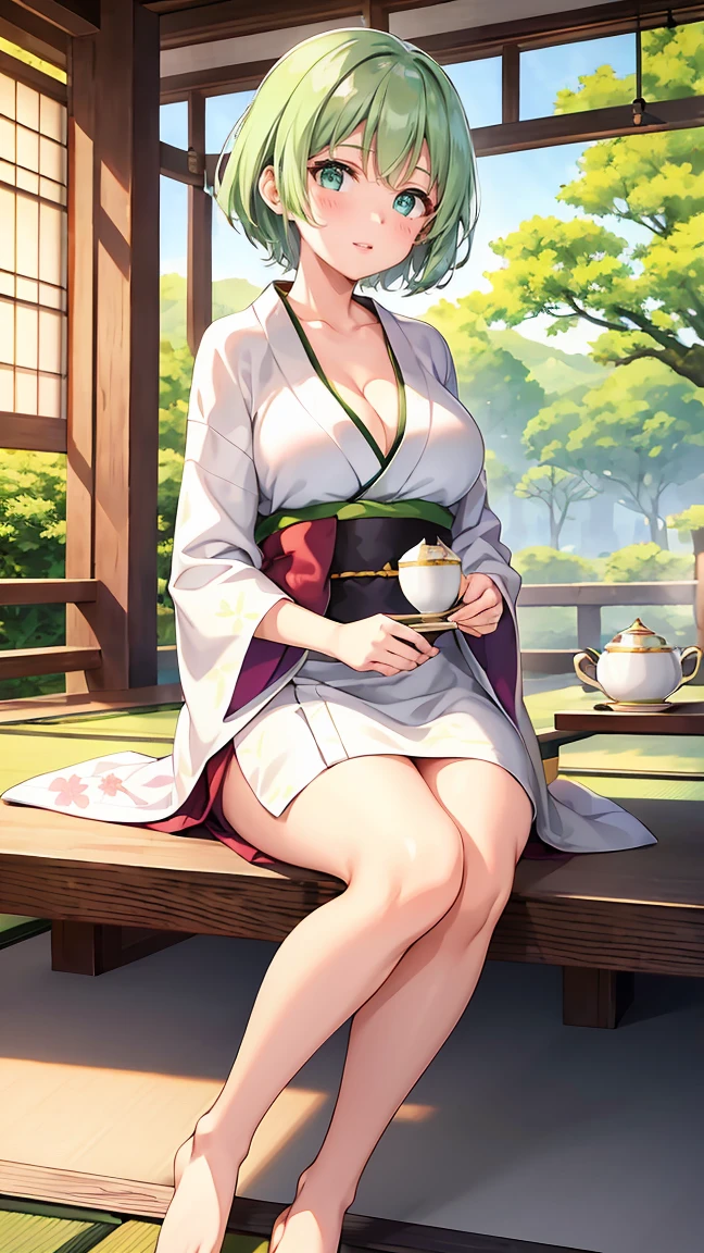 Girl with short green hair, Small breasts, Green Eyes, White Casual Wear Beauty Special、(((tits))),Full body photo from head to toe、Kimono、Patterned Japanese clothing、Cherry tree in full bloom、Fluttering petals、Tea Ceremony、Graceful Manners、Tea party、Chatting in a Japanese-style room