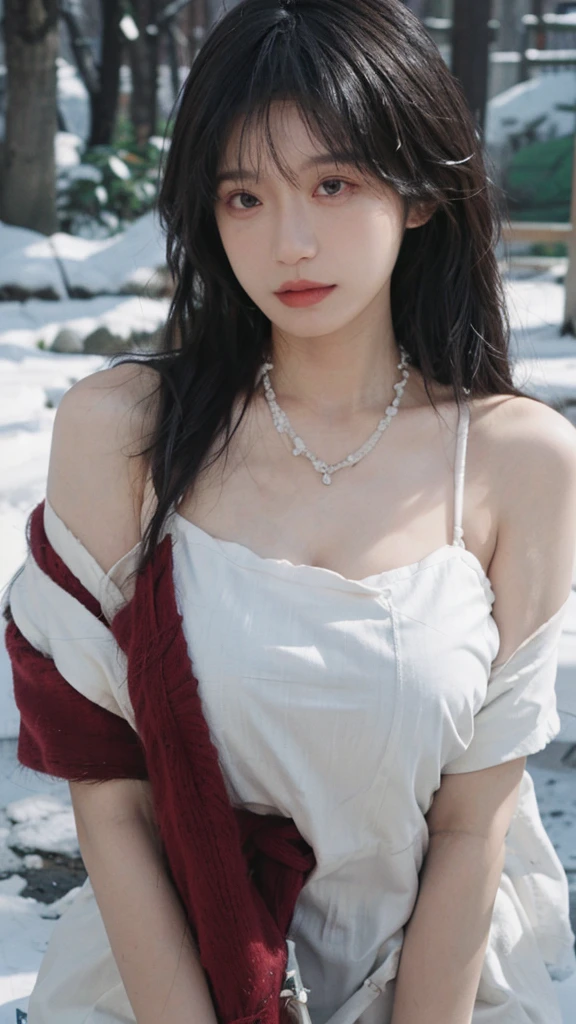 Portrait photography，1 girl，snow，Snow Scene，Heavy makeup，Bare shoulders，Lipstick，(Big breasts:1.4)，Shoulder-Length Wavy Hair，Wear a necklace，scarf，Earring short sleeves，serene，calm，(Realistic and detailed eyes，Natural skin texture，Realistic facial details)，whole body：1.4，