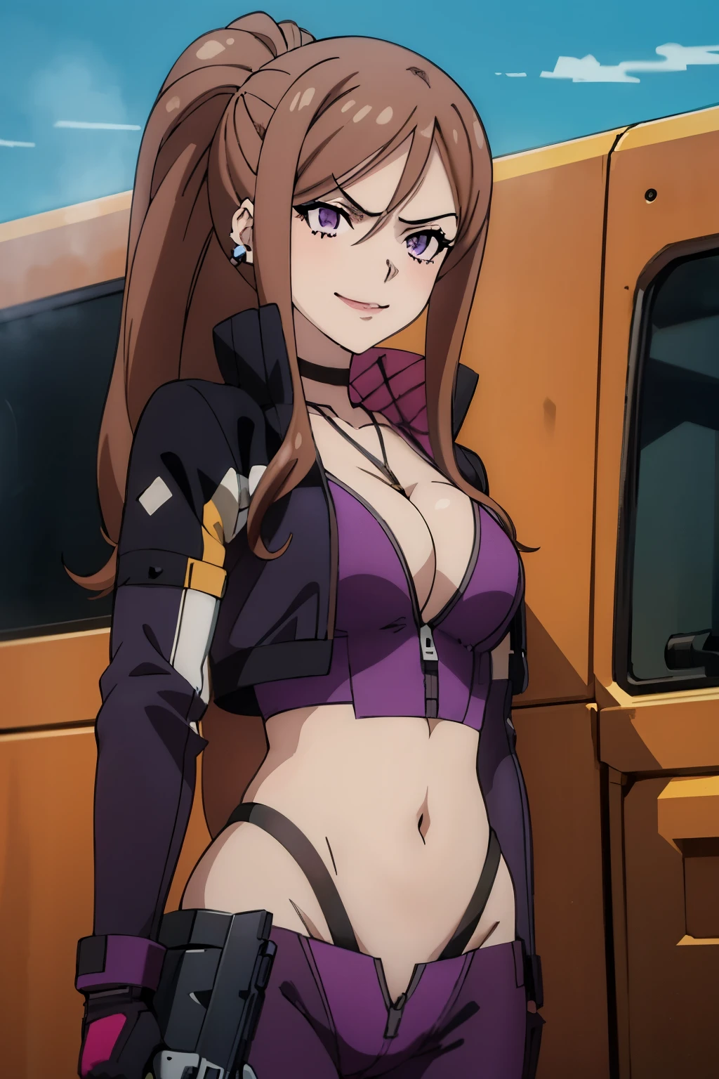 , (anime:1.4), 1girl, solo, claudia_synduality_noir, brown hair, purple eyes, long hair, ear piercing, long hair, blush, lipstick,Hot girl, baddie, staring, glaring, bad attitude, mean girl, dare, angry, hate, crazy, smoking, sensual, attractive ,masterpiece, best quality, highly detailed, cross necklace, bodysuit, unzip zipper, navel cutout, exposed
navel, exposed bellybutton, cleavage, long sleeves, black gloves, smile, holding a gun, handgun,
pistol,