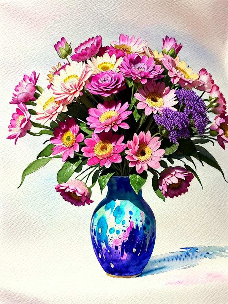 Digital art of a vase with flowers watercolor style, beautiful bouquet, spectacular, colourful, official art, masterpiece, ((watercolor)), intricate details. Highly detailed, [dripping:0.5], Trending on artstation, by Diego Velazquez, looking like a real painting, centered, vibrant colours, paint dripping, paint splatters, no people, still life,
