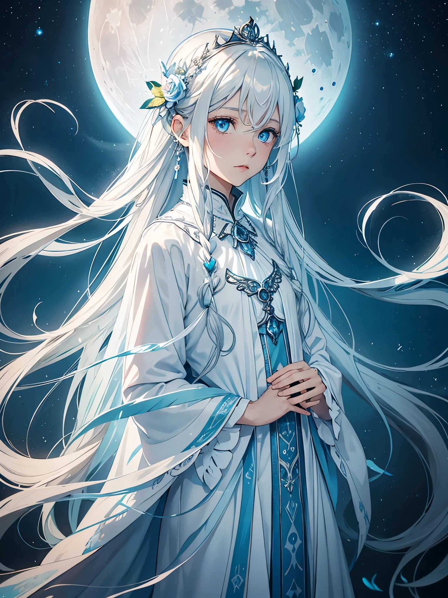 Erwachsener. Light blue flowers. Long hair. long white hair. aquatic, boy, Goddess of the Moon, silver hair accessories, White hair, White dress, cape, at night, saturated colors, light eyes, bright, light blue light, blue eyes, Jewelry silver, bluish light, Full moon in the background, aquatic in der Luft rosa kerzen