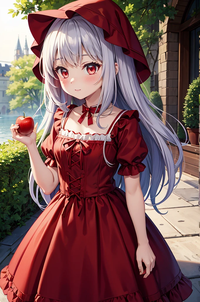 fairy tale　Little Red Riding Hood　A cute girl wearing a cute red Lolita-style dress　Red apple in hand　Wolf　witch