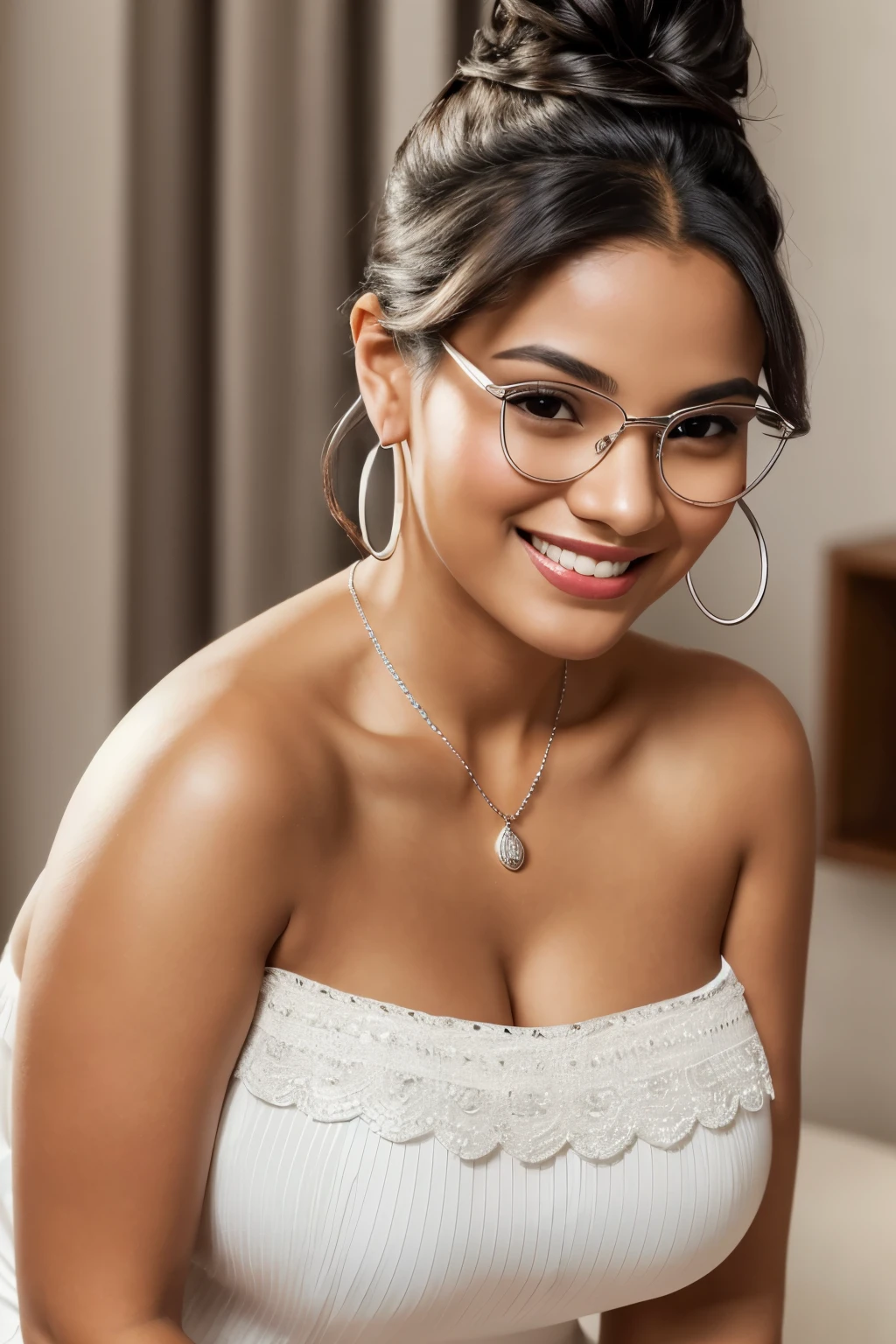 This image showcases a refined and elegant light-skinned Mexican woman with luscious, dark hair neatly tied up in a sophisticated updo. She dons black-framed glasses that add a hint of sophistication to her appearance, and adorns her ears with large, captivating hoop earrings. The woman exudes joy with her radiant smile, her gaze gently drifting sideways towards the camera. A gleaming silver necklace adorns her neck, featuring a round pendant that catches the light. She proudly showcases her curvaceous figure in a snug, short, fiery red dress, accentuating her voluptuous bust and derriere. She confidently places