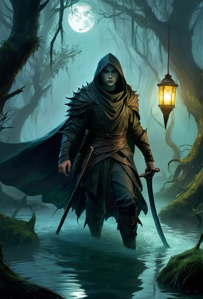 Retrate Kaelith, the Shadowhunter, in a dark and misty swamp, amidst a fierce battle against aquatic monsters. Kaelith must be in a small wooden boat, holding a scared wrapped in his protective cloak. He wields a curved sword, your figure wrapped in a dark cloak, with determined and fierce eyes. Ao redor dele, scaly creatures emerge from the murky waters, her sharp fangs reflecting the dim light of the oil lantern Kaelith carries. The atmosphere must be oppressive and gloomy, with the gnarled vegetation of the swamp and the pale moon barely visible through the dense clouds. The sparkling light of an enchantment spreads in the air, blinding the monsters and creating a dramatic contrast in the scene.