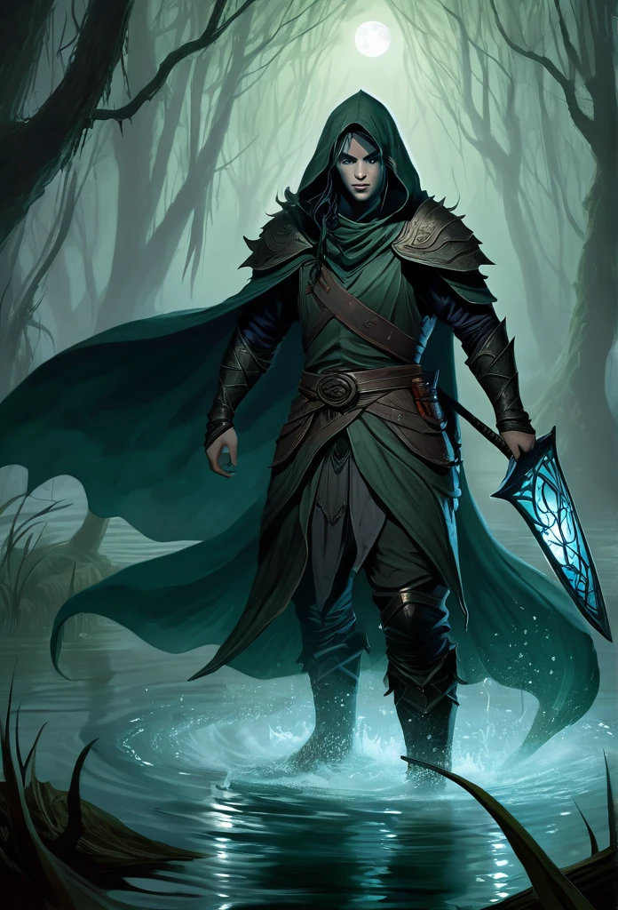 Retrate Kaelith, the Shadowhunter, in a dark and misty swamp, amidst a fierce battle against aquatic monsters. Kaelith must be in a small wooden boat, holding a scared wrapped in his protective cloak. He wields a curved sword, your figure wrapped in a dark cloak, with determined and fierce eyes. Ao redor dele, scaly creatures emerge from the murky waters, her sharp fangs reflecting the dim light of the oil lantern Kaelith carries. The atmosphere must be oppressive and gloomy, with the gnarled vegetation of the swamp and the pale moon barely visible through the dense clouds. The sparkling light of an enchantment spreads in the air, blinding the monsters and creating a dramatic contrast in the scene.