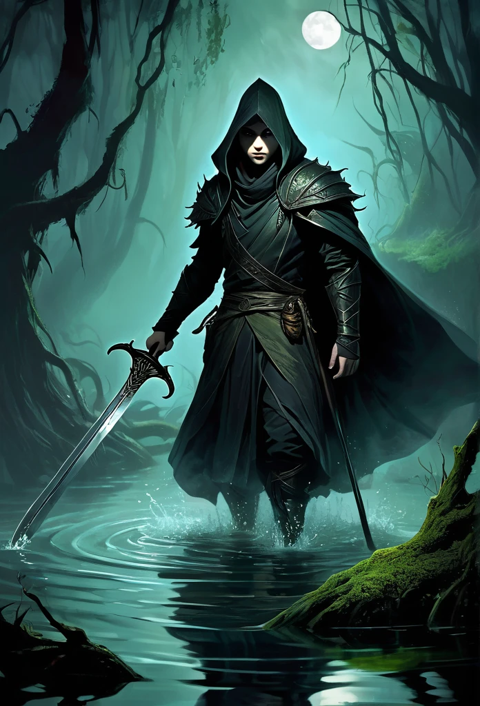 Retrate Kaelith, the Shadowhunter, in a dark and misty swamp, amidst a fierce battle against aquatic monsters. Kaelith must be in a small wooden boat, holding a scared wrapped in his protective cloak. He wields a curved sword, your figure wrapped in a dark cloak, with determined and fierce eyes. Ao redor dele, scaly creatures emerge from the murky waters, her sharp fangs reflecting the dim light of the oil lantern Kaelith carries. The atmosphere must be oppressive and gloomy, with the gnarled vegetation of the swamp and the pale moon barely visible through the dense clouds. The sparkling light of an enchantment spreads in the air, blinding the monsters and creating a dramatic contrast in the scene.