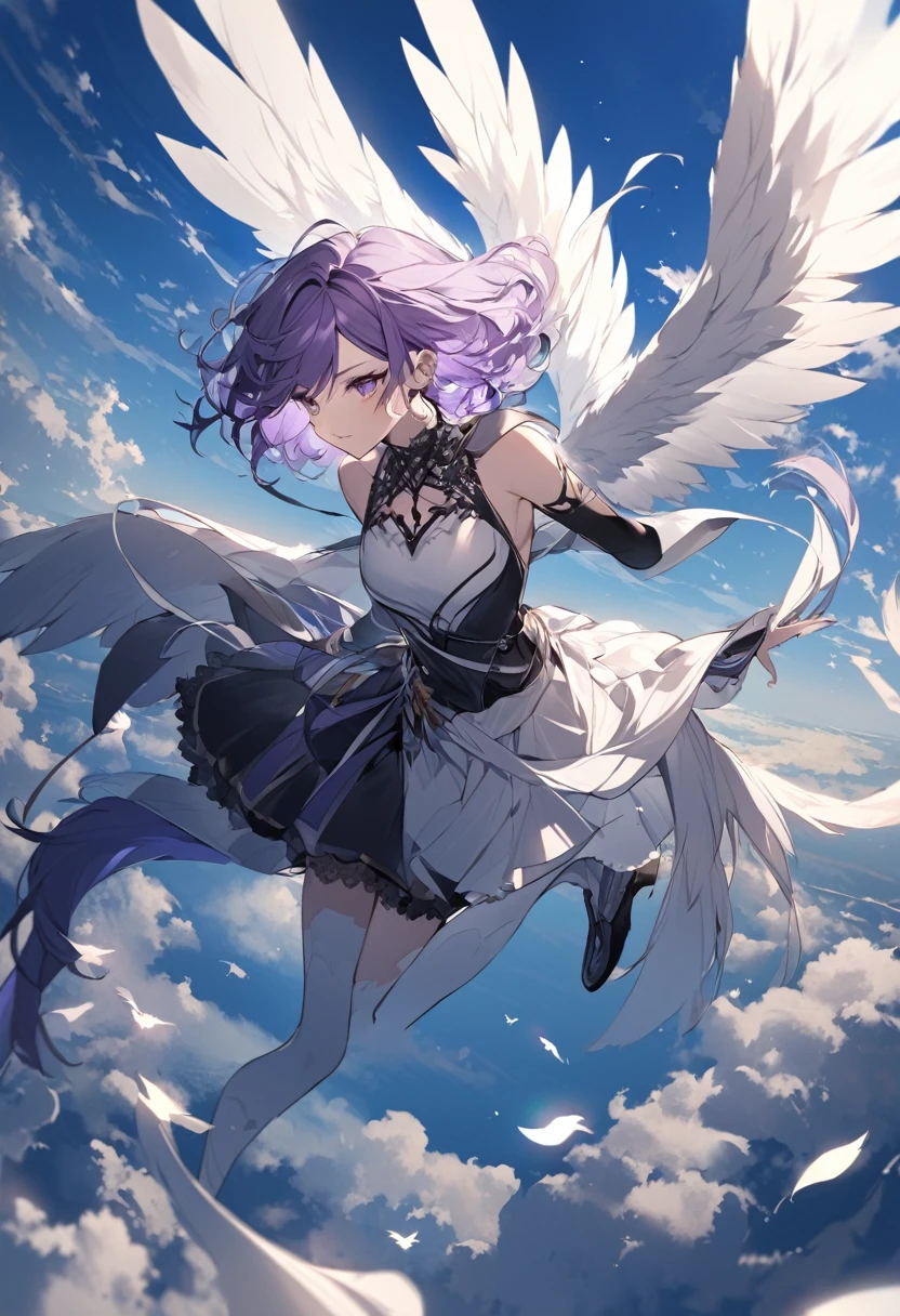 I want wings to fly.
Then i can glide all over the world.
but I only have one wing.
the color is silver.
hair style is wolf cut.
hair color is dark purple.
looks like Russian girl.
situation are flying alound the world.