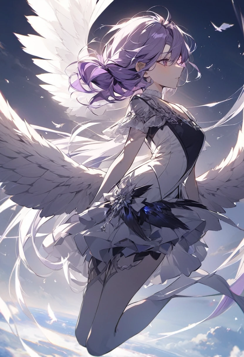 I want wings to fly.
Then i can glide all over the world.
but I only have one wing.
the color is silver.
hair style is wolf cut.
hair color is dark purple.
looks like Russian girl.
situation are flying alound the world.