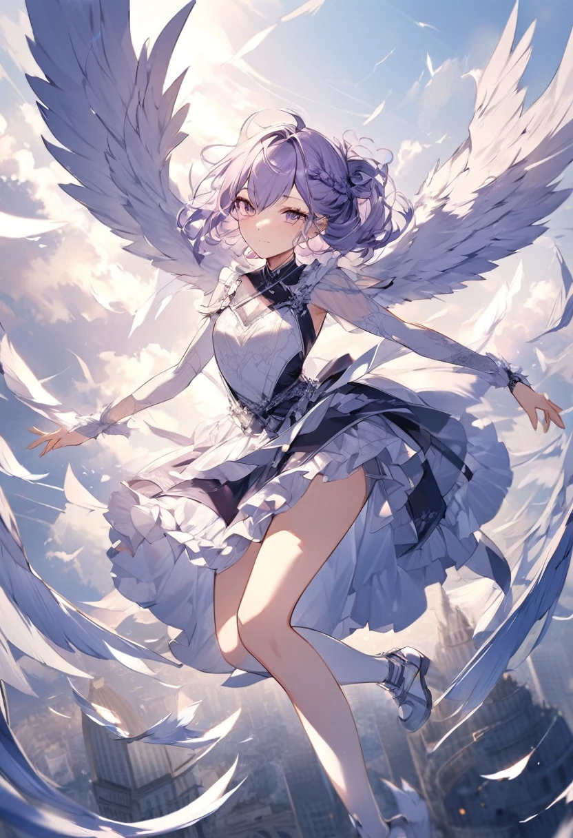 I want wings to fly. 
Then i can glide all over the world.
but I only have one wing.
the color is silver.
hair style is wolf cut.
hair color is dark purple.
looks like Russian girl.
situation are flying alound the world.
